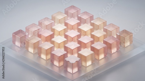 Array of translucent glass cubes on a reflective surface for modern abstract background.