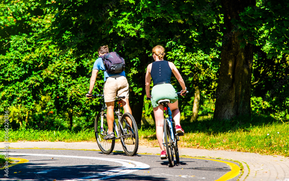 Fototapeta premium Cyclists ride on the bike path in the city Park 
