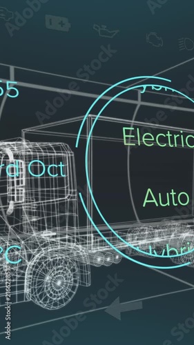 Animation of battery level over electric truck project on navy background