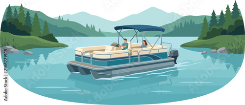 Pontoon boat cruising on calm lake water with mountain landscape and forest scenery