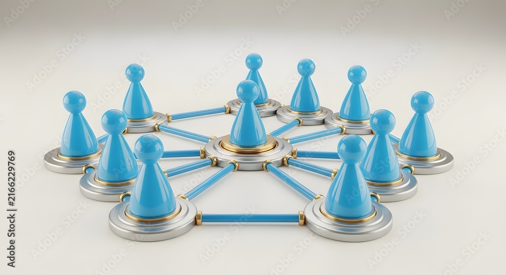 Obraz premium 3D blue pawn chess pieces connected by golden network lines symbolizing teamwork and strategy
