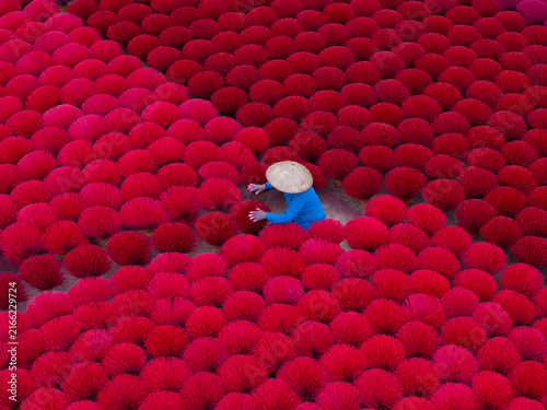Woman in conical hat among drying red incense bundles