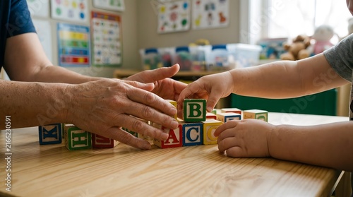 Teacher guiding a young child arranging colorful alphabet blocks in a preschool classroom