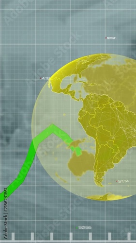 Animation of financial graphs and globe over empty hall
