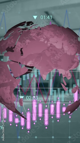 Animation of financial graphs and globe over empty hall