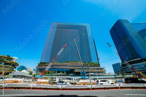 A cityscape of crane at the under construction in Tokyo wide shot