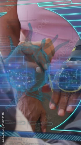 Animation of bars, globe, data, red blood cell, midsection of doctor tying supporter to patient hand