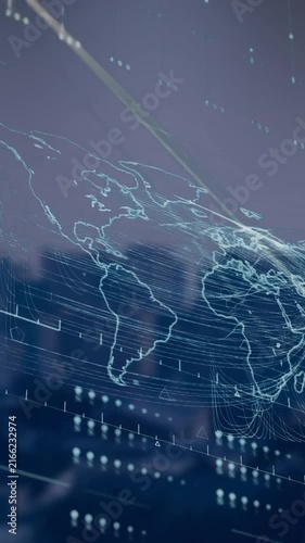 Animation of data processing with world map over cityscape