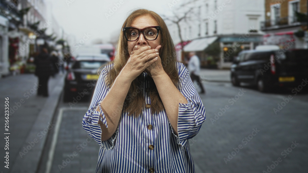 Fototapeta premium Senior woman wearing striped blouse and glasses covers her mouth with hands on a commercial city street beside parked cars and cafes; surprise caution.