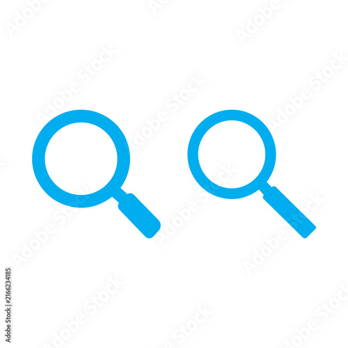 Magnifying glass vector symbols in bright cyan color featured on a white background.