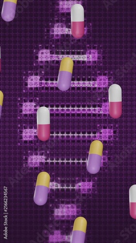 Animation of pills medication over dna strand spinning