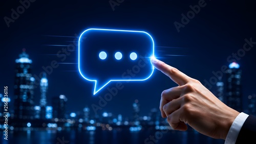 Business communication network concept with hand touching glowing blue virtual chat bubble interface against night city skyline