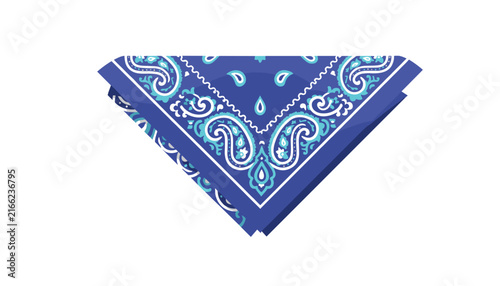 Folded blue bandana accessory decorated with classic white paisley patterns isolated on a clean white background.