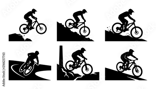 Mountain Bike Silhouette Icons, Extreme Sports Cyclist Action, Downhill Bicycle Vector Set