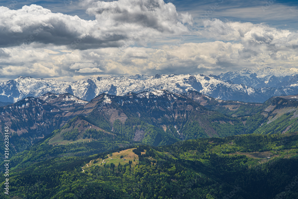 Fototapeta premium Panoramic view of snow-capped Austrian Alps near Wolfgangsee in Salzburg