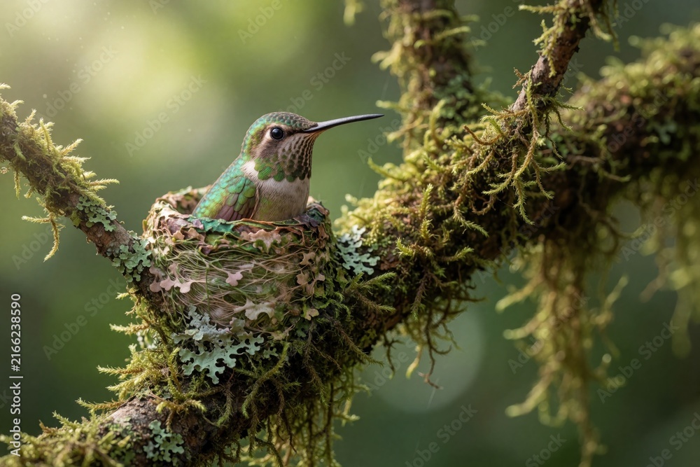 Naklejka premium Anna hummingbird sits on nest. Tiny bird protects eggs in mossy tree branch. Nature scene shows small bird nesting in green forest. Wildlife photography captures bird life.