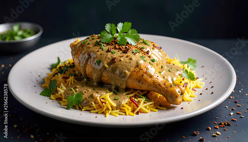 Grilled chicken breast with turmeric rice and fresh parsley garnish on white plate