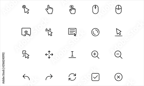 Set outline icons related to click, cursor. Linear icon collection. Editable stroke. Vector illustration