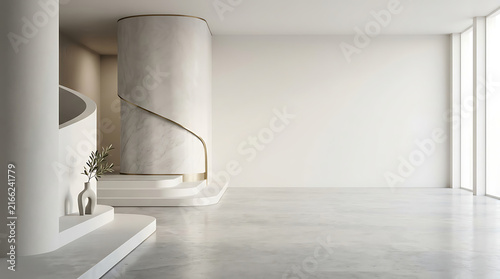Spacious and bright modern interior with a curved concrete column and large windows.