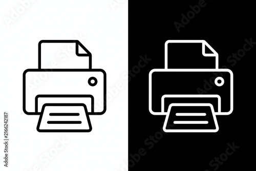 Minimalist Printer Icon Set with Black and White Outline Versions for Document Printing and Office Technology Concept