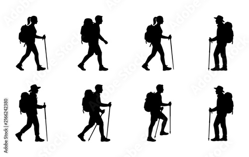 Hiking Silhouettes: Male and Female Trekkers with Backpacks and Poles, Outdoor Adventure Icons