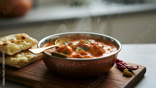 Bowl of hearty tomato soup with herbs served on wooden board with bread slice