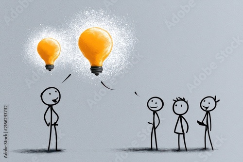 Creative team sharing ideas stick figures