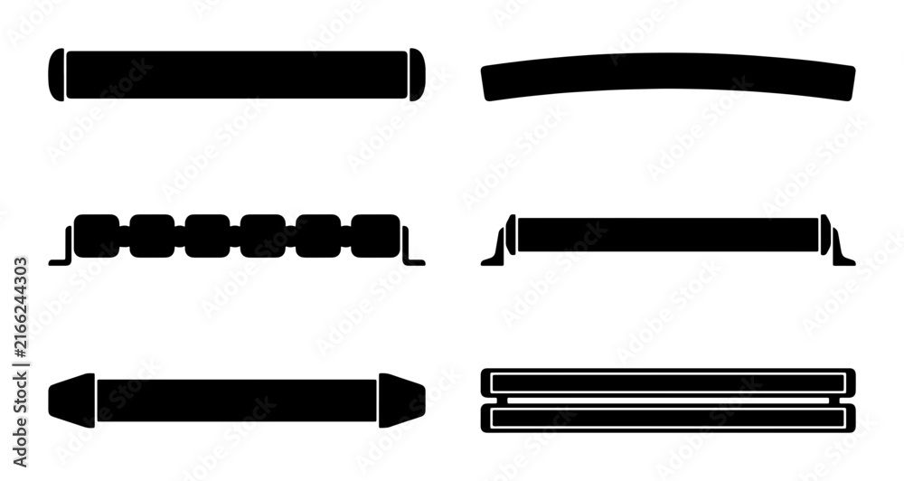 Fototapeta premium Set of 6 Black Vector Icons: Cylinders, Tubes, and Rods, Industrial Elements