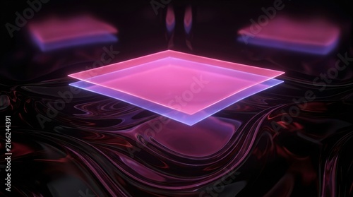 Vibrant neon squares hover over a reflective fluid surface, creating a futuristic ambiance.