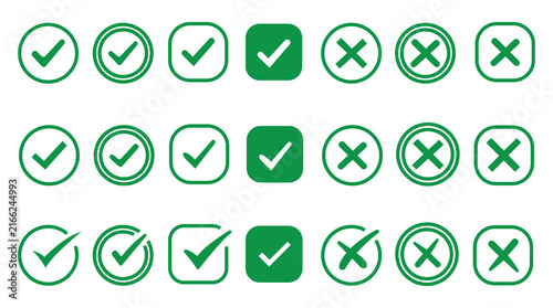 check mark icon button set. check box icon with right and wrong buttons and yes or no checkmark icons in green tick box and red cross. vector illustration