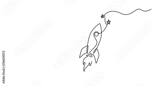 Rocket continuous one line drawing animation. Spaceship concept animation minimalism style, One continuous editable line drawing of a retro spaceship flying. Full length single line animation, Rocket.