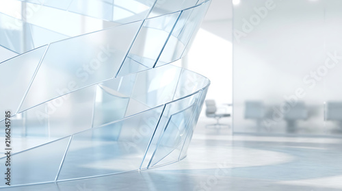 Modern office interior with a striking glass sculpture and meeting room in background.
