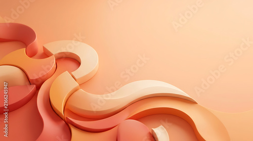Interlocking curved and angular paper shapes create an abstract and modern design in warm tones.