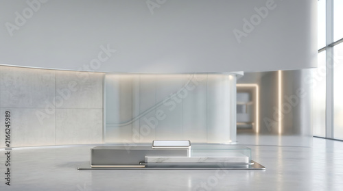 A multi-level display podium with marble and metallic accents rests on a polished floor in a spacious, modern architectural hall with large windows.