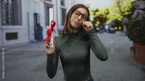Bild auf Leinwand Young woman holding a rolled diploma with red ribbon while rubbing her eye and wearing glasses on a city street near buildings; bittersweet reflection