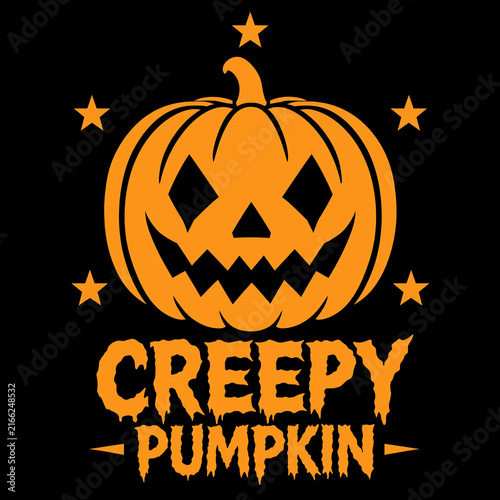 Creepy halloween pumpkin with dripping typography text and glowing scary face and stars jack o lantern spooky vector orange black holiday graphic halloween celebration typography