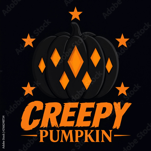 Creepy halloween jack o lantern with diamond shaped carved eyes and mouth surrounded by stars creepy pumpkin scary face spooky vector orange black holiday graphic vector art halloween