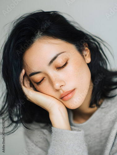 Asian woman resting eyes refined fatigue expression relaxed portrait with closed eyes and hand on face