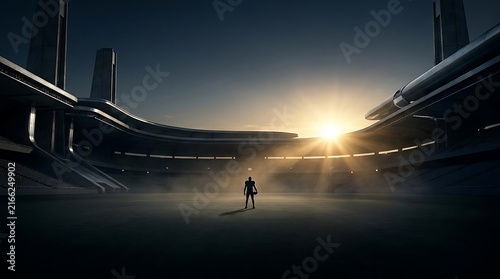 Silhouette of athlete in large futuristic stadium at sunset.