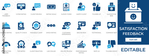 Satisfaction feedback icon set featuring user review, survey rating, and satisfaction feedback comment symbols.