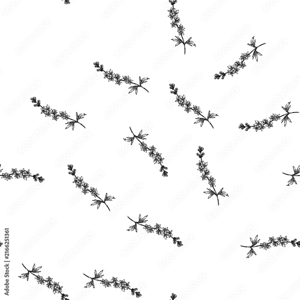 Obraz premium seamless pattern blooms delphinium hand drawn. blue spikes, cottage garden, toxic larkspur blooms delphinium black sketch illustration