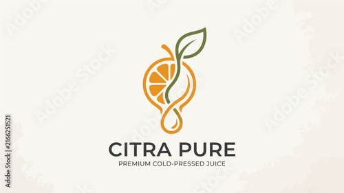 Minimalist Fresh Cold Pressed Orange Juice Logo Design with Citrus Fruit Slice Leaf and Juice Drop Icon