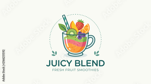 Fresh fruit smoothie logo design with colorful layered juice glass strawberry and kiwi illustration vector