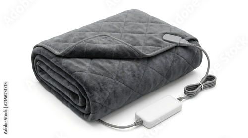 Folded dark grey electric heating blanket with remote control.
