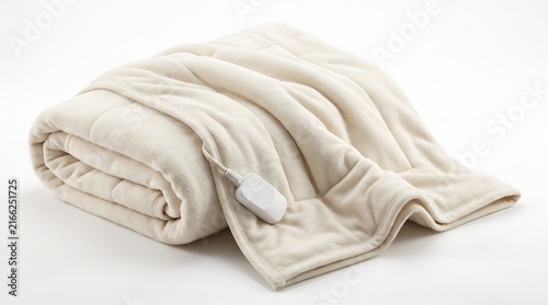 Soft Cream Colored Electric Heated Blanket Folded on White Background.