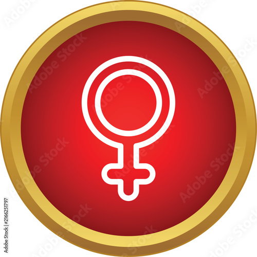 Female gender symbol displayed on a red circular button with a gold rim
