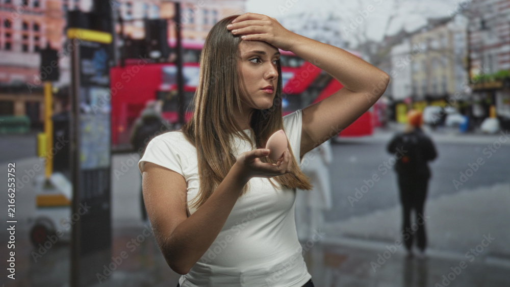 Fototapeta premium Young woman holds makeup sponge in cupped palm with other hand on forehead on a rainy city street, looking uneasy; stress fatigue.