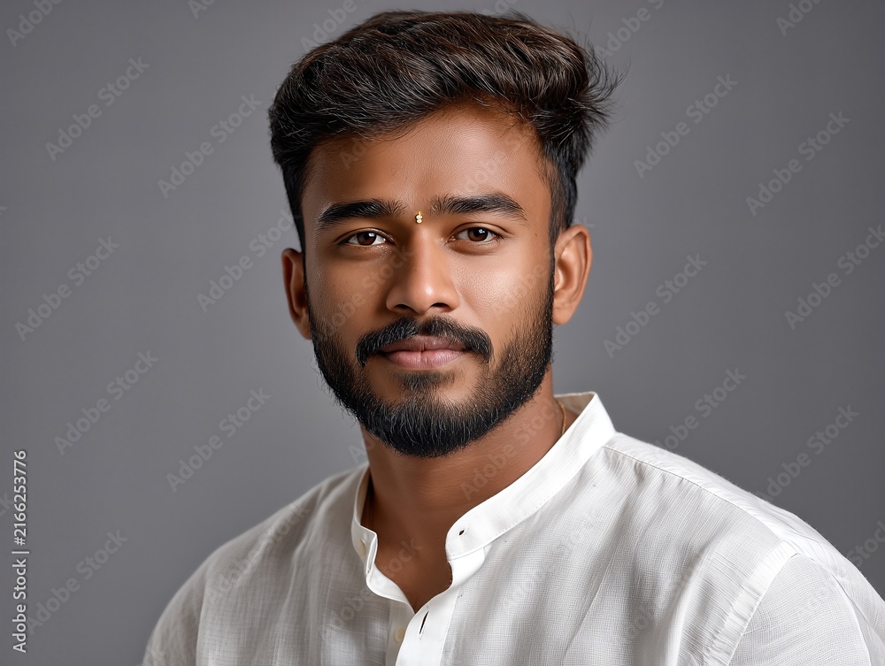 Obraz premium Portrait of Young South Indian Man in Traditional Attire. Fictional Character Created by Generative AI