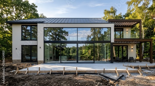 Modern glass house under construction in forested area with large windows and flat roof