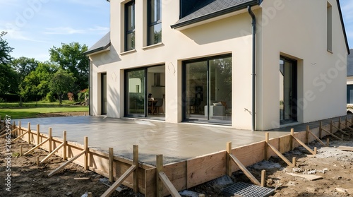 Modern house exterior with fresh wet concrete patio slab and wooden formwork construction site